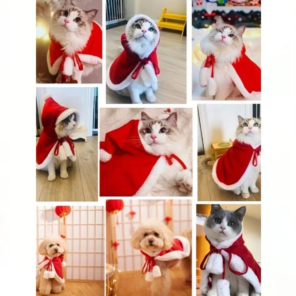 💞 New Red & White Hooded Medium Pet Christmas Cape for Puppy Dogs or Kitty Cats